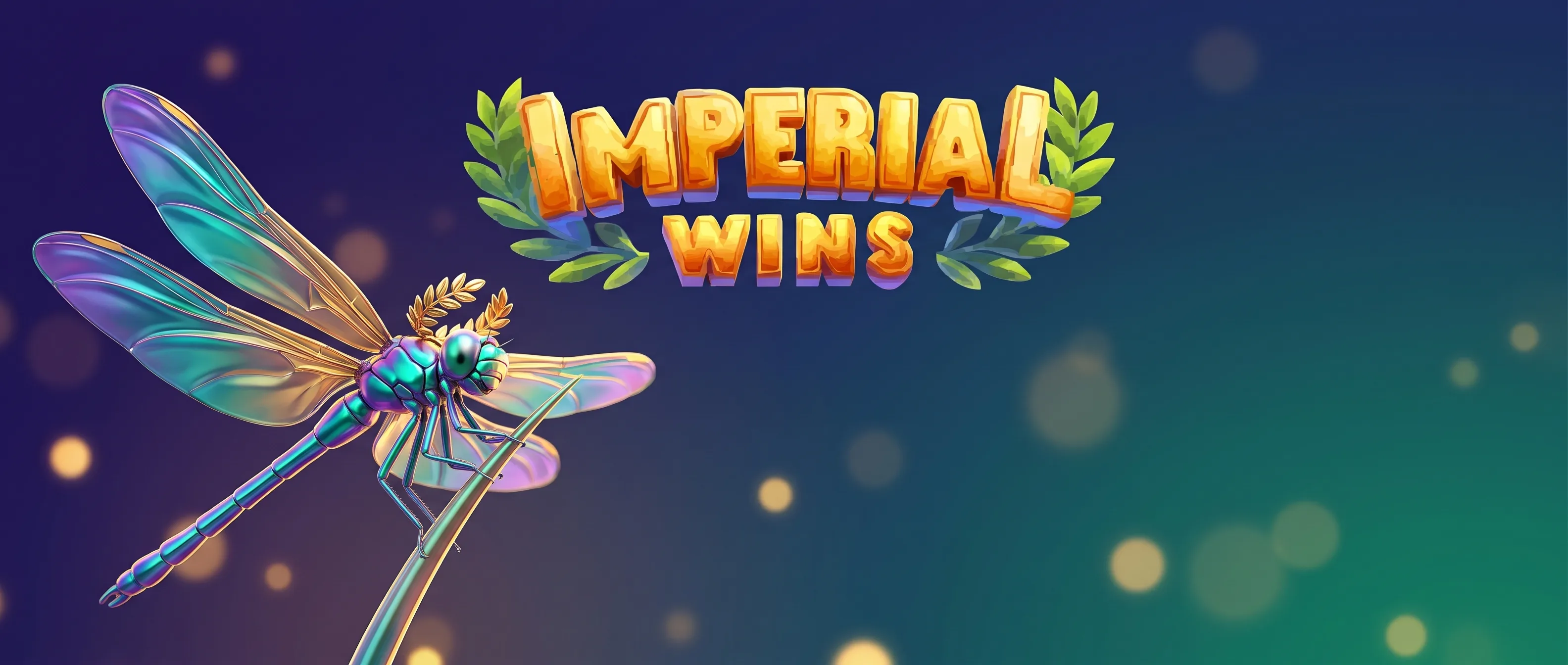 An iridescent dragonfly beside the golden Imperial Wins wordmark